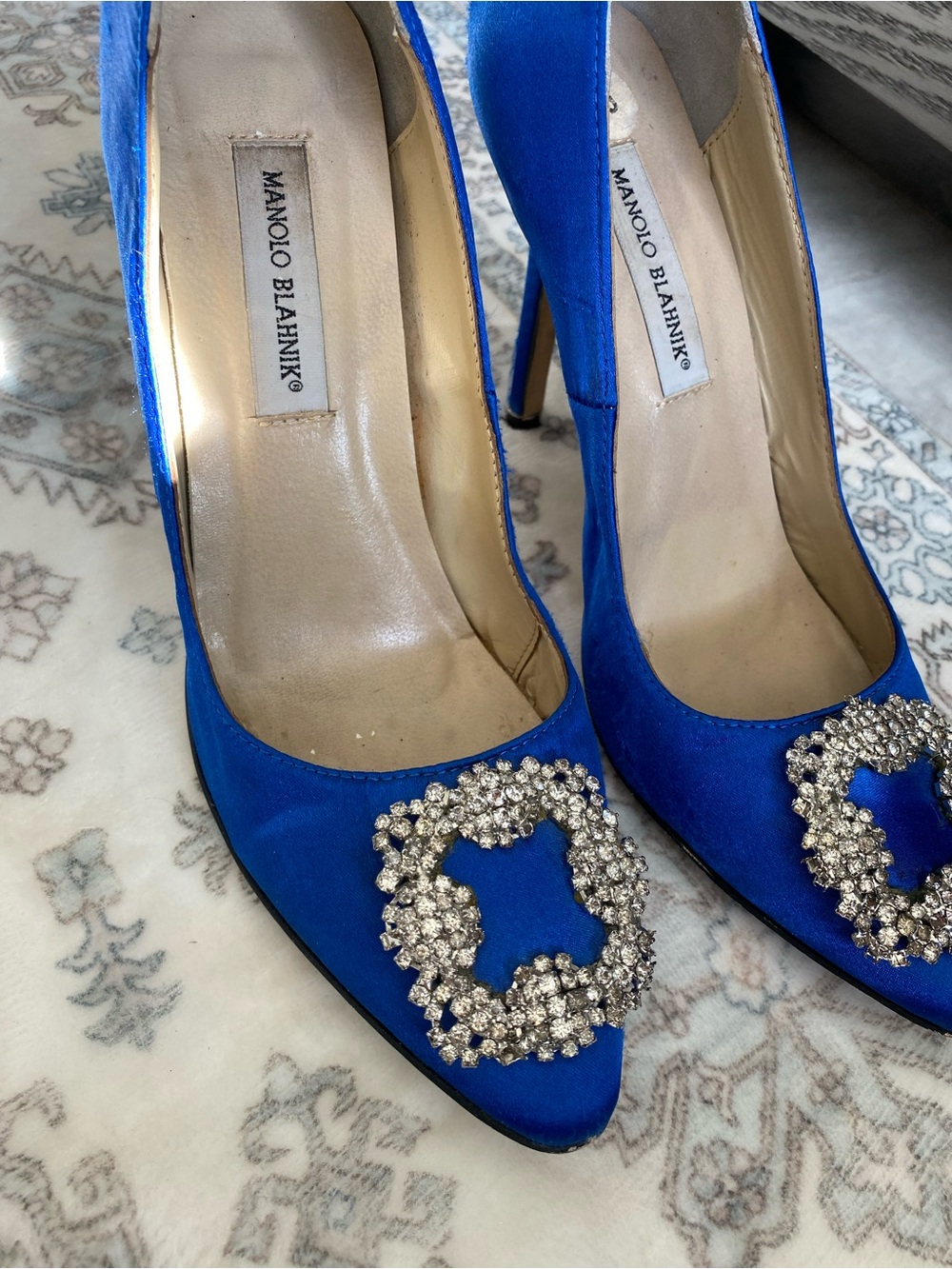 Manolo Blahnik Cobalt Blue Satin Crystal-Embellished Pointed Heels